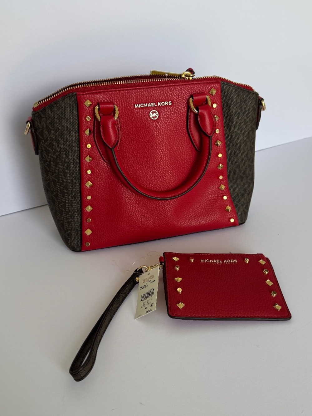 Michael Kors NWT Red/Gold Sienna Medium Studded Satchel + Matching Wristlet